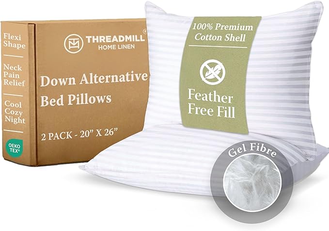 Threadmill Soft Bed Pillows Standard Size Set of 2 | Down Alternative Cooling Bed Pillow for Sleeping | Soft Pillows | 20 x 26 Hotel Pillow, Standard Pillows 2 Pack for Back, Stomach or Side Sleepers