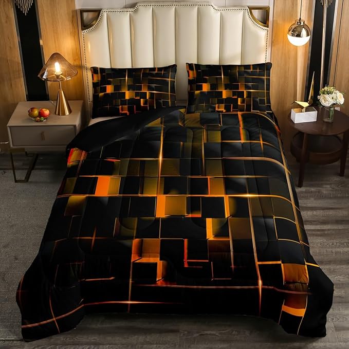 Erosebridal Geometric Ornage Black Twin Bedding Set,Light Honeycomb Comforter Set Decor Quilt for Kids Women Adult, Modern Abstract Duvet Insert Microfiber Lightweight All Season