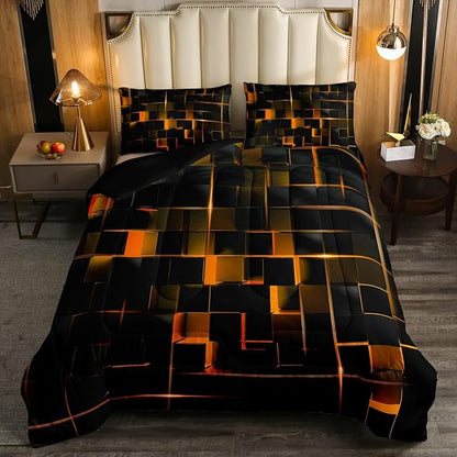 Erosebridal Geometric Ornage Black Twin Bedding Set,Light Honeycomb Comforter Set Decor Quilt for Kids Women Adult, Modern Abstract Duvet Insert Microfiber Lightweight All Season