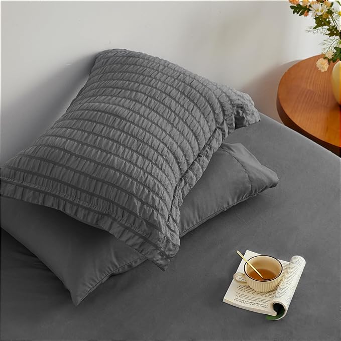 Love's cabin Seersucker Dark Grey Twin XL Comforter Set, 5-Piece All Season Lightweight Bed in a Bag Bedding Set with Comforter, Flat Sheet, Fitted Sheet, Pillowcase and Sham | Soft, Breathable, Lightweight