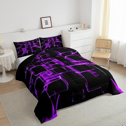 Erosebridal Fluorescent Purple and Black Kids Comforter Set, Modern Geometric Square Bedding Sets Colorful Gradient Neon Light Honeycomb Duvet Insert Twin 2 Pieces