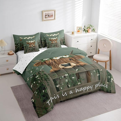 Erosebridal 7Pcs Farmhouse Highland Cow King Bedding Sets for Boys Kids Rustic Funny Animal Bed Set, Cute Brown Cow Comforter + Flat Sheet + Fitted Sheet + 2 Pillowcases + 2 Throw Pillow Covers