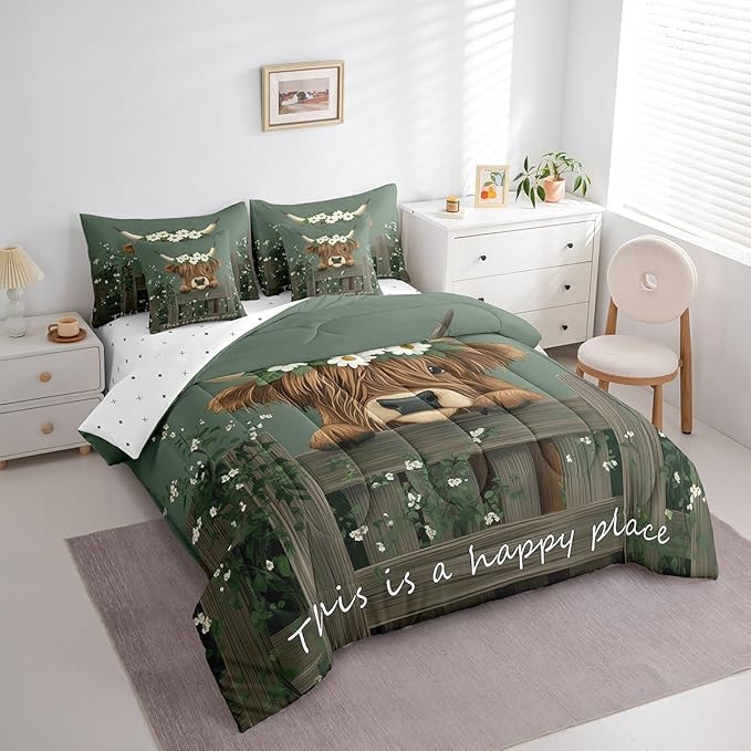 Erosebridal 7Pcs Farmhouse Highland Cow Queen Bedding Sets for Boys Kids Rustic Funny Animal Bed Set, Cute Brown Cow Comforter + Flat Sheet + Fitted Sheet + 2 Pillowcases + 2 Throw Pillow Covers