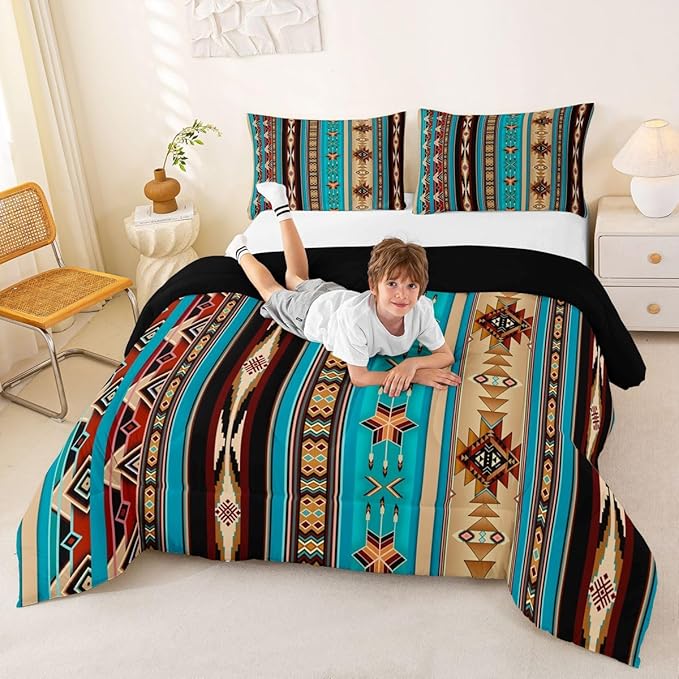 Aztec Bedding Set Ethnic Tribal Arrow Queen Comforter Set,Vintage Southwestern Native Bohemian Quilt,Western Star Duvet Insert Exotic Geometric Diamond Stripes Room Decor,Teal Blue and Brown