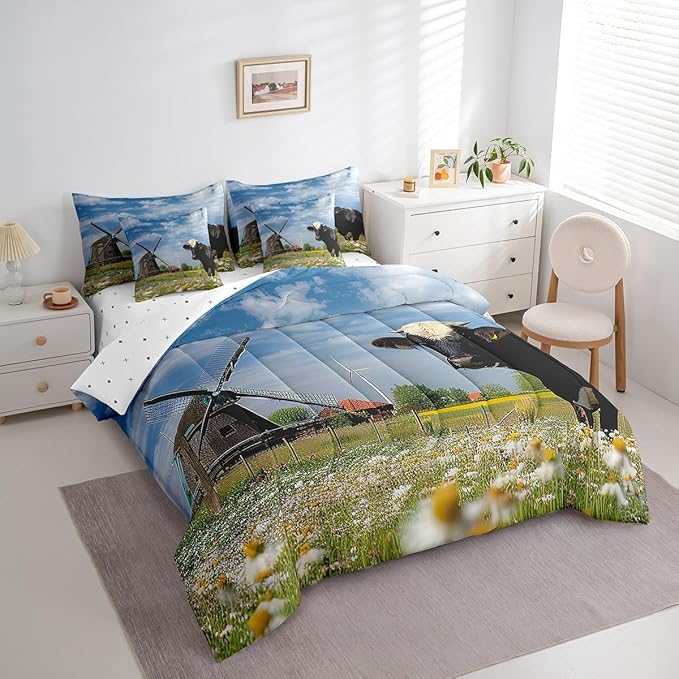 Erosebridal 7Pcs King Comforter Set with Sheets, Rustic Cow Print Bedding Set for Kids, Windmill Decor Natural Dandelion Bed in a Bag Comforter Sets for Boys Girls Farmhouse Decor