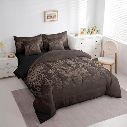 Erosebridal Gothic Damask Bed in a Bag Queen Comforter Set 7 Piece,Butterfly Skull Bedding Sets Black Brown Victorian Floral Goth Sheet Set with Comforter