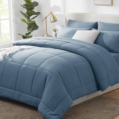 CozyLux King Size Comforter Set Mineral Blue, 7 Pieces Bed in a Bag, Blue Comforter King Size, All Season Bedding Sets with Stitch Quilted Comforter, Flat Sheet, Fitted Sheet, Pillowcases