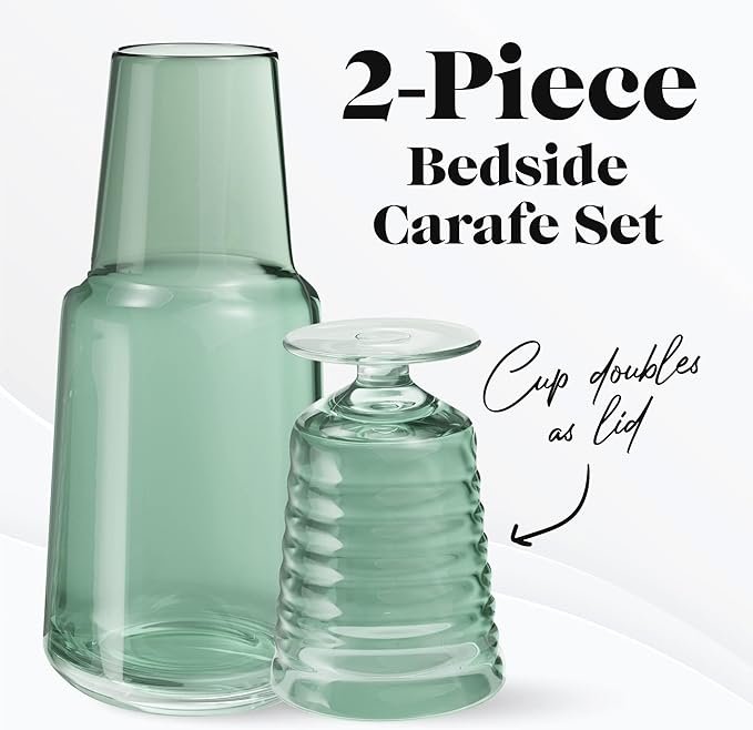 American Atelier Bedside Water Carafe with Tumbler | Pitcher and Footed Drinking Glass | Use Cup as Lid for Carafe | For Guest Room, Nightstand, Office, or Gift | American Atelier 32 Oz (Green)