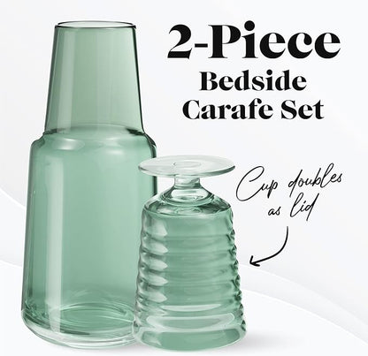 American Atelier Bedside Water Carafe with Tumbler | Pitcher and Footed Drinking Glass | Use Cup as Lid for Carafe | For Guest Room, Nightstand, Office, or Gift | American Atelier 32 Oz (Green)