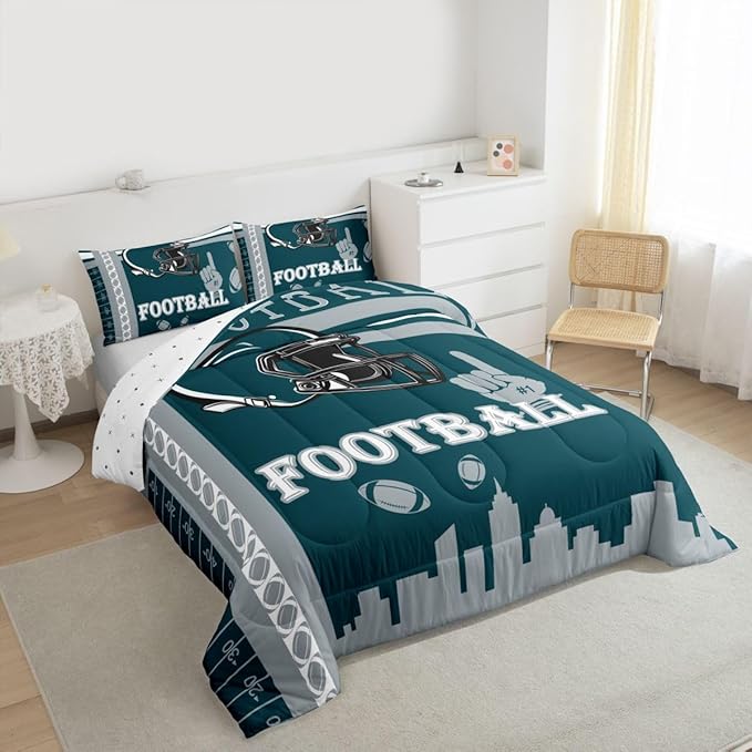 Feelyou Football Bedding Set Boys Girls Queen Size Women Men Rugby Sports Comforter Football City Duvet Quilt Green Gray Room Decor