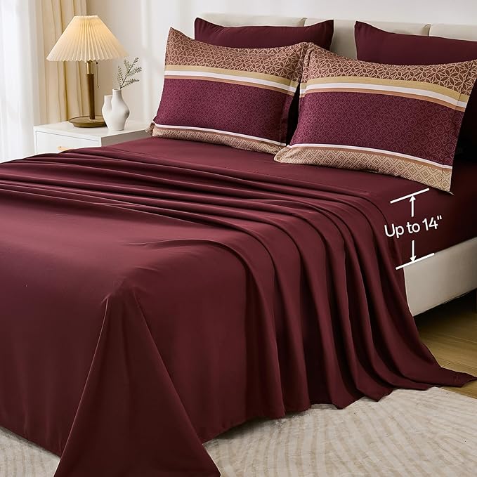WONGS BEDDING Burgundy Comforter Set Queen Size, 7 Pieces Maroon Striped Bed in a Bag Comforter and Sheet Set,Patchwork Soft Lightweight Micorfiber Bedding Set for All Seaon (90"×90")