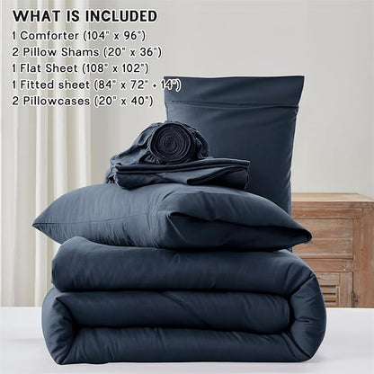 Anluoer Navy Blue California King Comforter Set 7 Pieces, Bed in a Bag with Sheets, All Season Bedding Sets with 1 Comforter, 2 Pillow Shams, 2 Pillowcases, 1 Flat Sheet, 1 Fitted Sheet