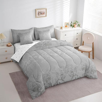Erosebridal Gothic Damask Bed in a Bag Queen Comforter Set 7 Piece,Butterfly Skull Bedding Sets Grey Victorian Floral Goth Sheet Set with Comforter