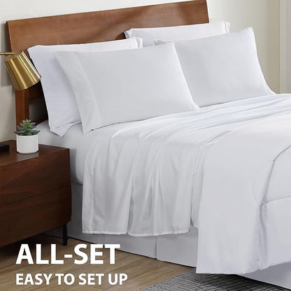 Cathay Home Basic Bedding Home Essential Ultra Soft Light Weight 8PC Wrinkle Resistant Microfiber Bed in a Bag Set (Includes Complete Sheet Set, Comforter Set & Bedskirt) - Queen, White
