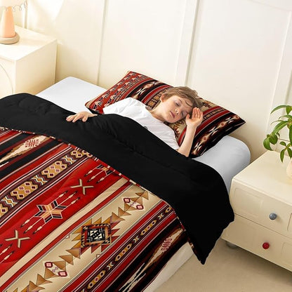 Erosebridal Aztec Bedding Set Ethnic Tribal Arrow Comforter Set,Vintage Southwestern Native Bohemian Quilt Twin,Western Star Duvet Insert Exotic Geometric Diamond Stripes Room Decor,Red and Black