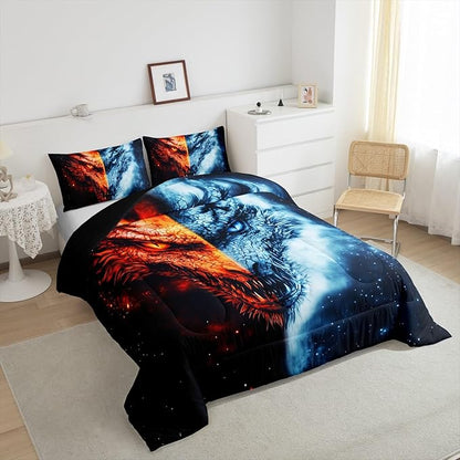 Manfei Dragon Bedding Comforter Sets King,Western Exotic Animal Ice and Fire Bedding Set for Bedroom Decoration,Wildlife Retro Dragon with 1 Comforter and 2 Pillow Cases Bedroom Decor