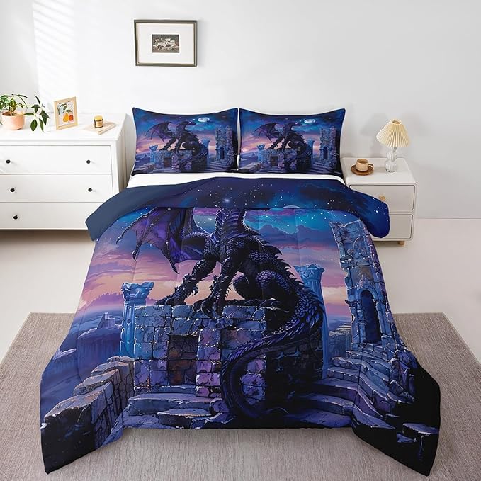 Feelyou Dragon Comforter Set Toddler Size Moon Light Dragon Comforter for Boys Girls Teens Gothic Bedding Set Wildlife Duvet Set Room Decor Acid Blue Quilt Set