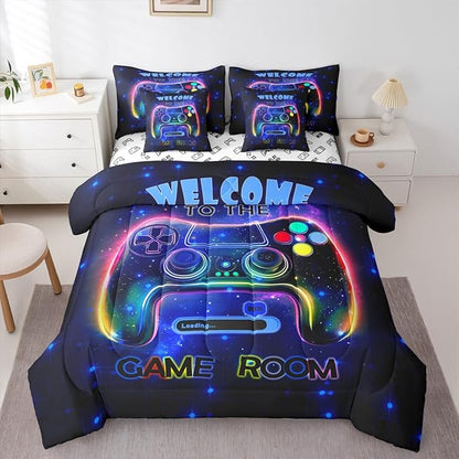 jejeloiu Cool Gamer 7 Piece Bedding Set King Size for Boys 3D Gaming Comforter Set with Sheets Kids Teens Bright Blue Bed in a Bag Modern Game Console Bed Set