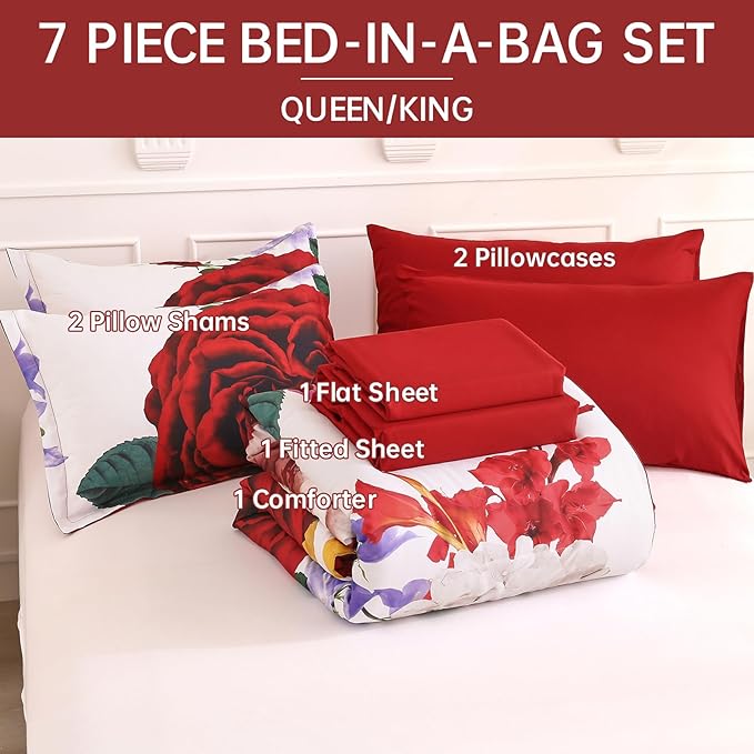 Drucon Red Comforter King Size 7 Pieces Valentine's Day Bedding Sets Bed in a Bag, Botanical Floral Comforter with Sheet Set, Soft Microfiber Bedding Set for All Season (Red, 104"x90")