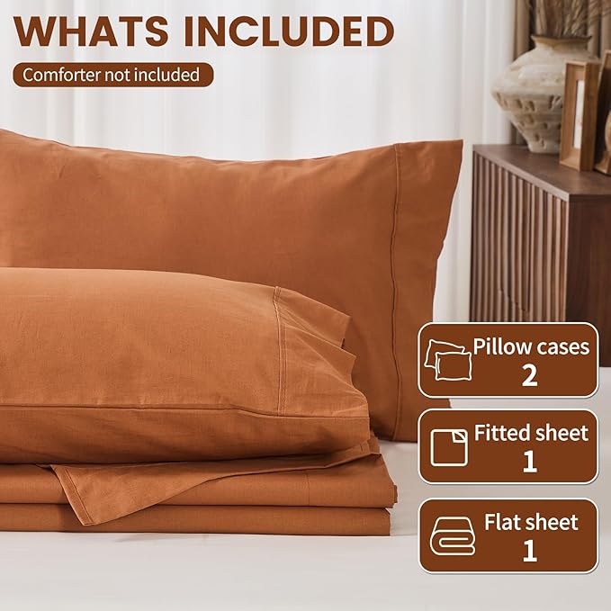 100% Linen Sheets King Size,Breathable & Durable 4-Piece Bed Flax Sheet Set,Soft All-Season Bedding for Hot Sleepers 16" Deep Pocket Oeko-TEX Certified,（King, Brown）