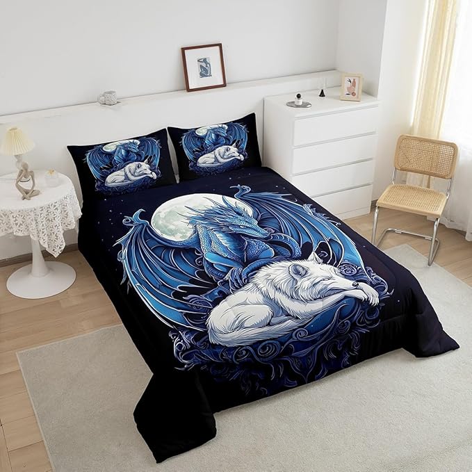 Erosebridal Dragon Comforter Set Toddler Size for Boys, Wolf Animals Bedding Set, Tribal Exotic Wildlife Down Comforter for Boys Adult Men Room, Moon Starry Sky Quilt, Black Blue