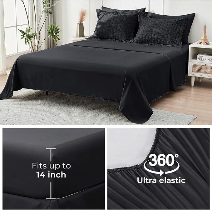 HYMOKEGE Black Queen Comforter Set Seersucker 7 Pieces, All Season Luxury Bed in a Bag for Bedroom, Bedding Set with Comforters, Sheets, Pillowcases & Shams