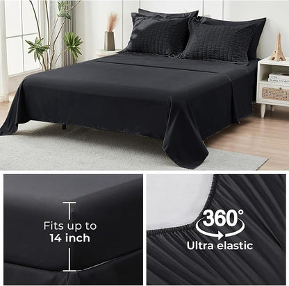 HYMOKEGE Black Full Size Comforter Sets Seersucker 7 Pieces, All Season Luxury Bed in a Bag for Bedroom, Bedding Set with Comforters, Sheets, Pillowcases & Shams