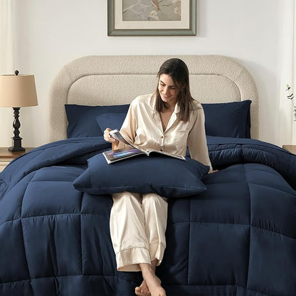 SunStyle Home Navy Blue King Size Comforter Set - 7 Pieces Bed in a Bag, Lightweight Goose Down Alternative Bedding Sets with All Season Comforter, 1 Flat Sheet, 1 Fitted Sheet, 4 Pillowcases