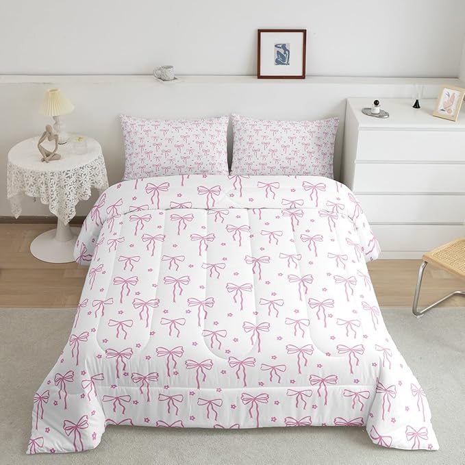 Castle Fairy Bow Print Comforter Set Full Size,Pink Bow Bedding Sets 3Pcs for Kids Teens Women Room Decor,Flower Floral Down Comforter Princess Pink Quilted Duvet Set,2 Pillowcases