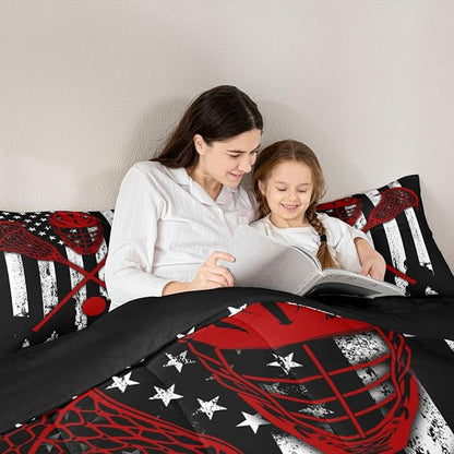 Erosebridal Lacrosse Comforter Set for Teens Youth, Black White American Flag Bedding Set Queen Size,Boys Sports Duvet Insert and 2 Pillowcases