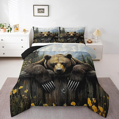 Feelyou Kids Bear Comforter Set King Size Rustic Cabin Country Bedding Set for Boys Girls Wood Farmhouse Comforter Adult Duvet Set,1 Comforter+ 2 Pillow Shams,Brown Blue Yellow