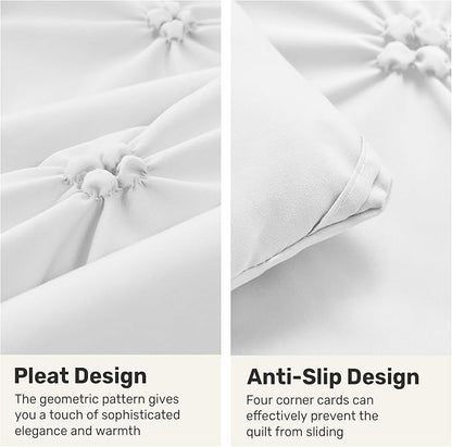 UNIKOME Queen Comforter Set White - Ultra Soft Boho Pintuck Down Alternative Bedding Set for All Seasons, 3 Pieces Lightweight Warm Pinch Pleat Bed Set with Comforter, 2 Pillowcases