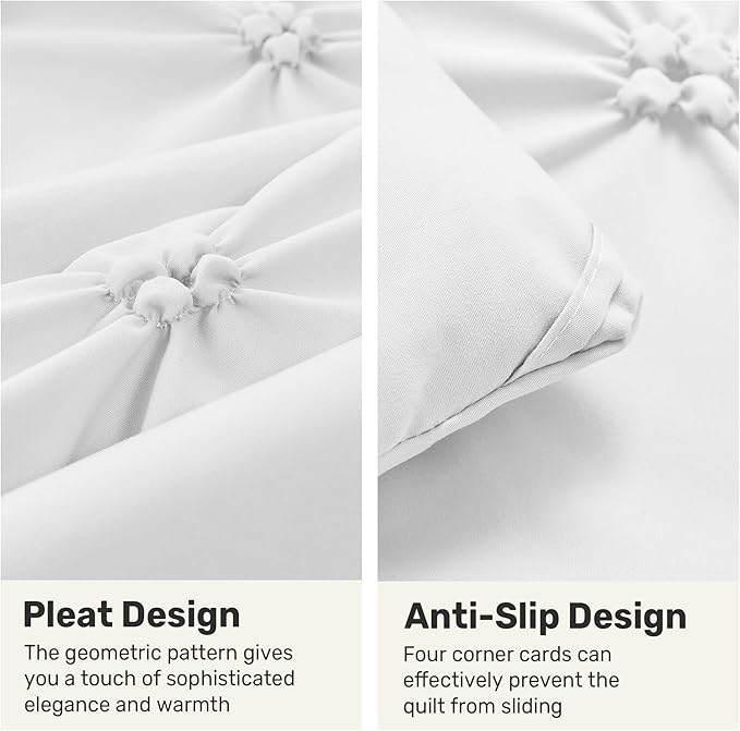 UNIKOME King Size Comforter Set White - Ultra Soft Boho Pintuck Down Alternative Bedding Set for All Seasons, 3 Pieces Lightweight Warm Pinch Pleat Bed Set with Comforter, 2 Pillowcases