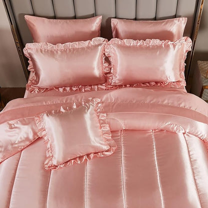 Satin Comforter Set with Sheet Set King 8 Pieces Silk Like Pink Bedding Set Silky Ruffle Pattern Luxury Silky Comforters with 1 Cushion Cover