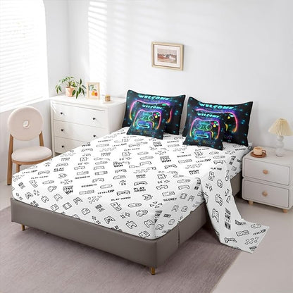 jejeloiu Cool Gamer 7 Piece Bedding Set King Size for Boys 3D Gaming Comforter Set with Sheets Kids Teens Bright Color Bed in a Bag Modern Game Console Bed Set