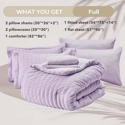 HYMOKEGE Lavender Full Size Comforter Sets Seersucker 7 Pieces, All Season Luxury Bed in a Bag for Bedroom, Bedding Set with Comforters, Sheets, Pillowcases & Shams