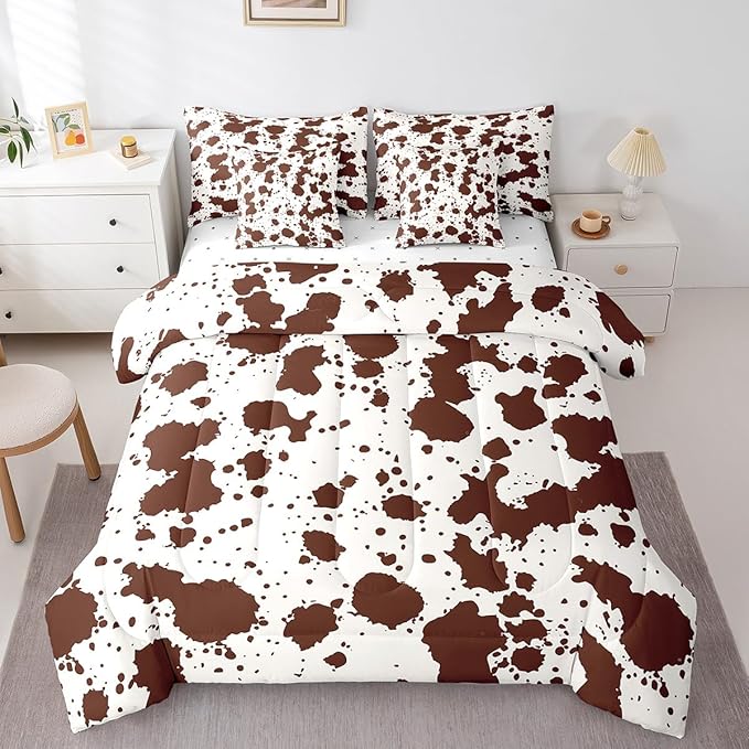 Brown Cow Print Bed in a Bag 7 Pieces Farmhouse Animal Bedding Set, Wildlife Cowhide Fur King Size Comforter Set Modern Abstract Aesthetic Bedding Comforter Sets, Highland Cow Skin Hair Bed Set