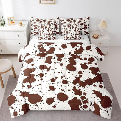 Brown Cow Print Queen Comforter Set 7pcs Farmhouse Animal Bedding Comforter Sets, Wildlife Cowhide Fur Bed in a Bag Modern Abstract Aesthetic Bedding Set, Highland Cow Skin Hair Bed Sheets Set