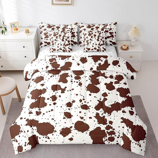 Brown Cow Print Queen Comforter Set 7pcs Farmhouse Animal Bedding Comforter Sets, Wildlife Cowhide Fur Bed in a Bag Modern Abstract Aesthetic Bedding Set, Highland Cow Skin Hair Bed Sheets Set