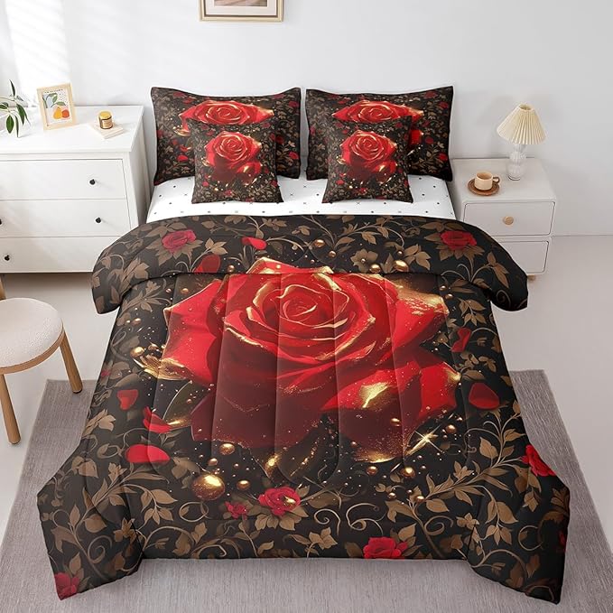Erosebridal Red and Gold Rose Comforter Set Twin with Sheets,Romantic Rose Flowers Bed in a Bag for Girls Women Couples Bedroom Decor,Botanical Leaf 7 Piece Bedding Set,Valentines Day Wedding Gifts