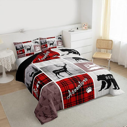 Erosebridal Rustic Plaid Patchwork Comforter Set Queen, Hunting Bear Deer Bedding Set Country Farmhouse Vintage Duvet Insert Woodland Wild Animal Grid Claw Quilt Adventure Camping Bedroom Decor, Red