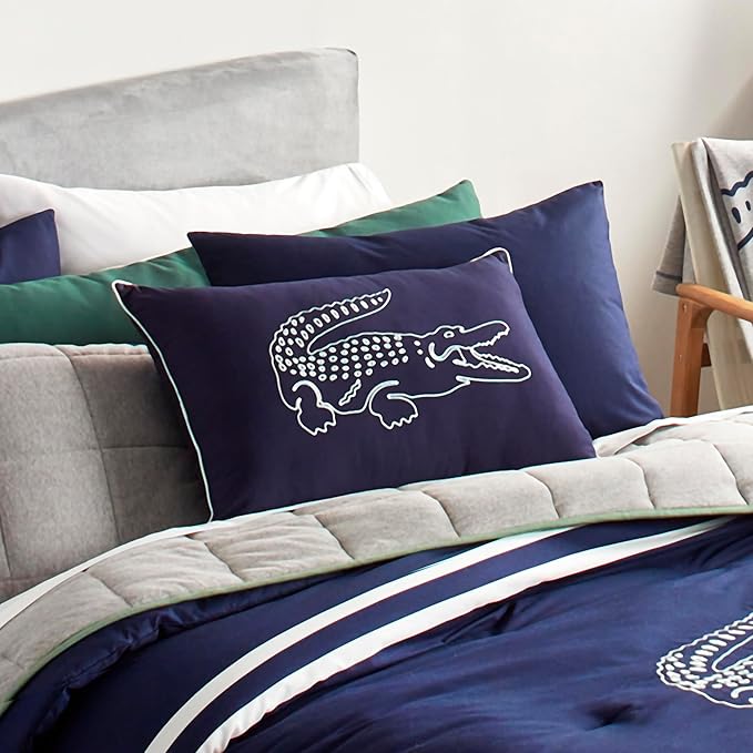 Lacoste Big Croc Decorative Pillow – 16" x 24" Throw Pillow for Bed Sofa Couch, Embroidered Crocodile Logo, 100% Brushed Twill Cotton Cover Fabric, Machine Washable, Navy