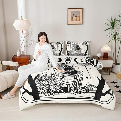 Erosebridal Halloween Gothic Skull Comforter Set Toddler, Skeleon Holding Cat Bedding Set, Gothic Floral Comforter for Kids Teens Boys Adults Goth Room Decor, Sun and Moon Quilt, Lightweight