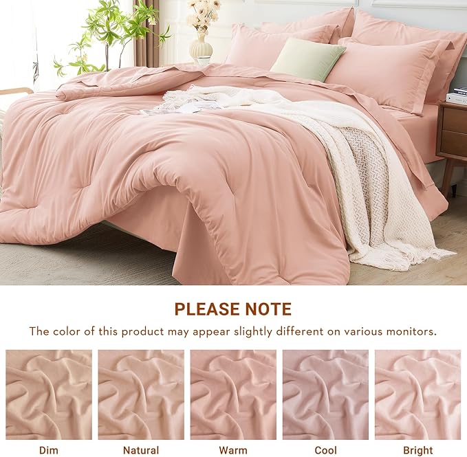 MUXHOMO 5 Pieces Twin Comforter Set, Soft Bed in a Bag Twin Size, All Season Bedding Set with Comforter, Flat Sheet, Fitted Sheet, Pillowcases & Shams, Rose Gold
