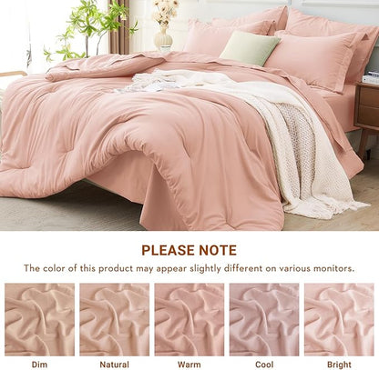 MUXHOMO 5 Pieces Twin Comforter Set, Soft Bed in a Bag Twin Size, All Season Bedding Set with Comforter, Flat Sheet, Fitted Sheet, Pillowcases & Shams, Rose Gold