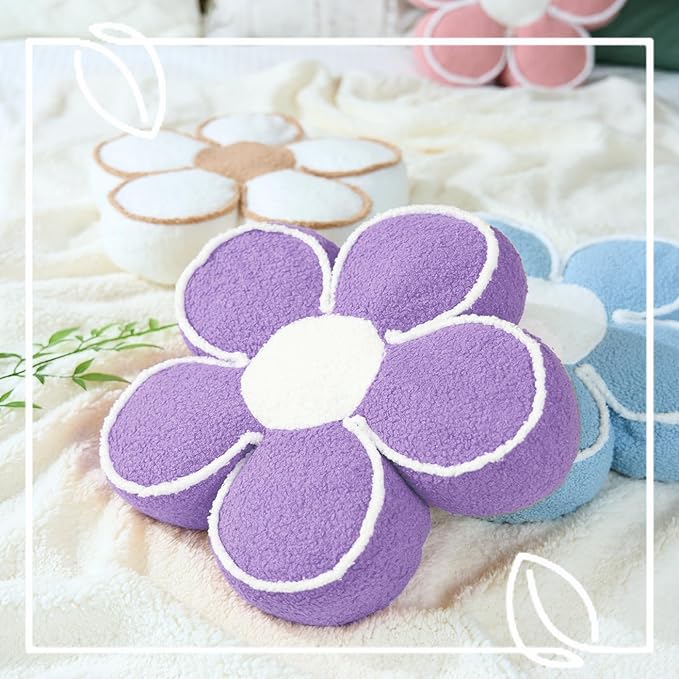 Sioloc Flower Shaped Pillow Daisy Pillows Floor Cushion Pastel Cute Seat Cushions Aesthetic Classroom Dorm Decorative Fun Throw Pillow for Bed,Couch(Lavender,15.7")
