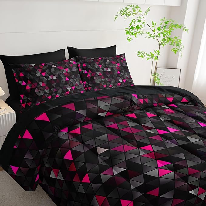 Geometric Pink Black Triangle Queen Size Comforter Set,Light Honeycomb Bedding Set 7 Piece in A Bag,Bed Sheet Set Geometry Decor,Microfiber Lightweight All Season