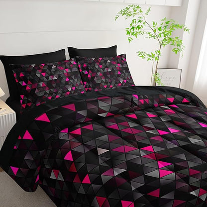 Geometric Pink Black Triangle Queen Size Comforter Set,Light Honeycomb Bedding Set 7 Piece in A Bag,Bed Sheet Set Geometry Decor,Microfiber Lightweight All Season