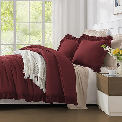 Andency Burgundy Comforter Set Queen Size, 3 Pieces Shabby Chic Ruffle Bedding Comforter Sets for Queen Bed, Lightweight Fluffy Soft Microfiber Farmhouse Comforter Set