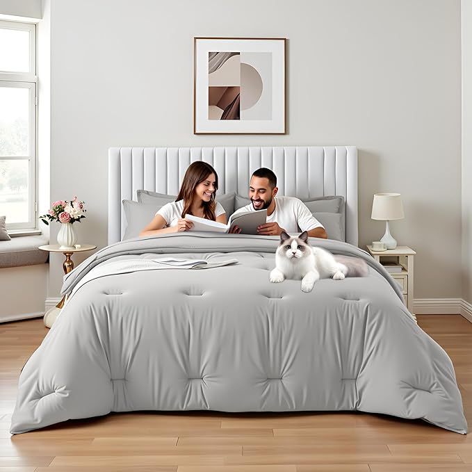 King Size Comforter Set 7 Pieces - Soft Bed in a Bag King Bed Set, Cozy Luxury Bedding Sets with All Season Comforter, Flat Sheet, Fitted Sheet, 2 Pillowcases & 2 Shams, Light Gray
